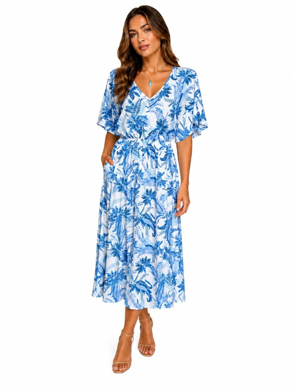 Blue Floral V-Neck Midi Dress with Tie Waist